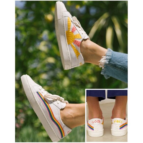 SOLUDOS Good Vibes Rainbow Sun Embroidered Leather Sneakers Low Top 9.5 Festival - Picture 1 of 11
